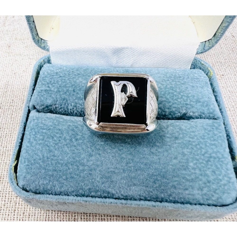 Vintage Clark & Coombs Sterling Silver Black Onyx Initial R Signet Ring Size 6.5